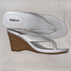 Style & Co. White Wedge Thong Sandals with Woven Tan Heel